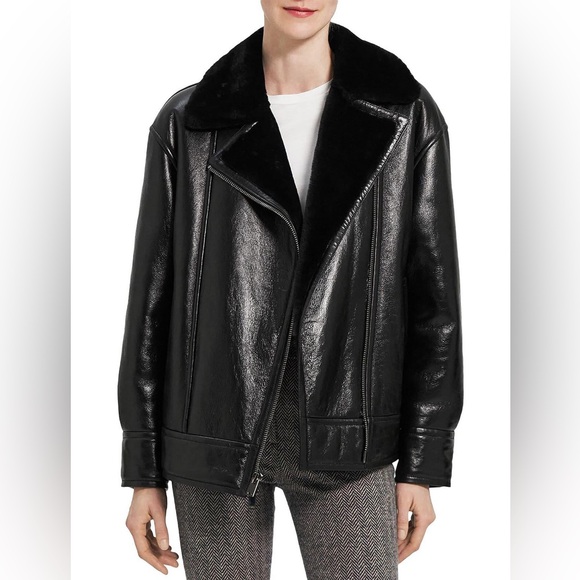 THEORY Leather Shearling Moto oversized jacket - Picture 1 of 10